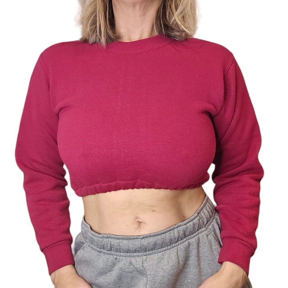 Womens Maroon Dark Red Cropped Crewneck Sweatshirt XS/S Pro Player Plain Basic